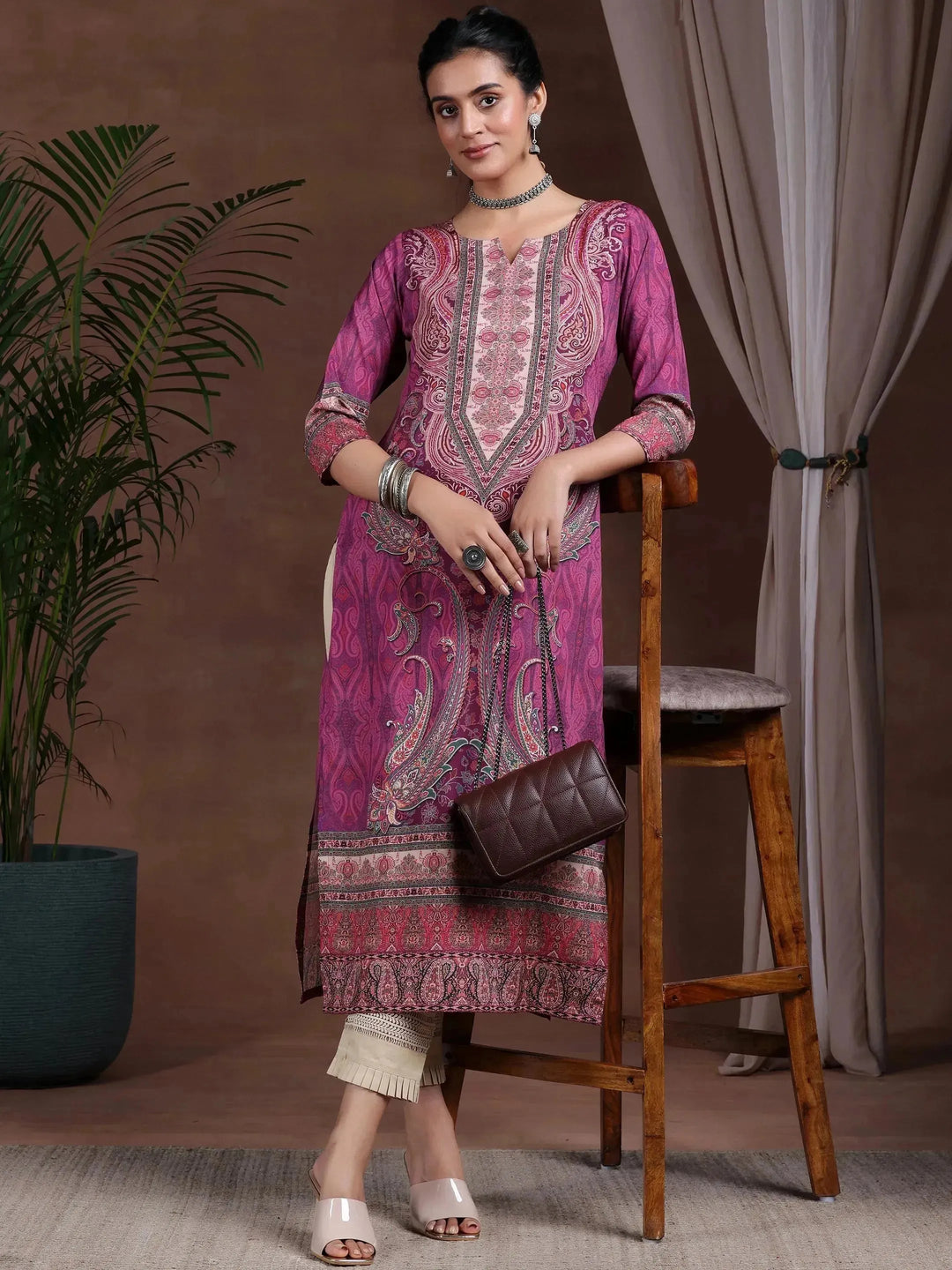  Mauve Printed Crepe Straight Kurta 