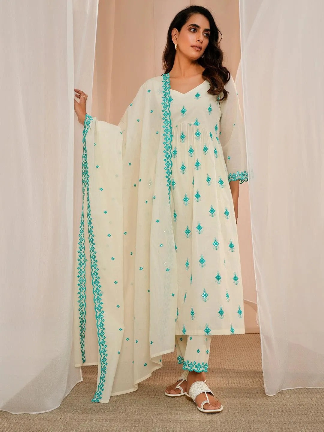 Off White Embroidered Cotton Anarkali Suit With Dupatta - Libas 