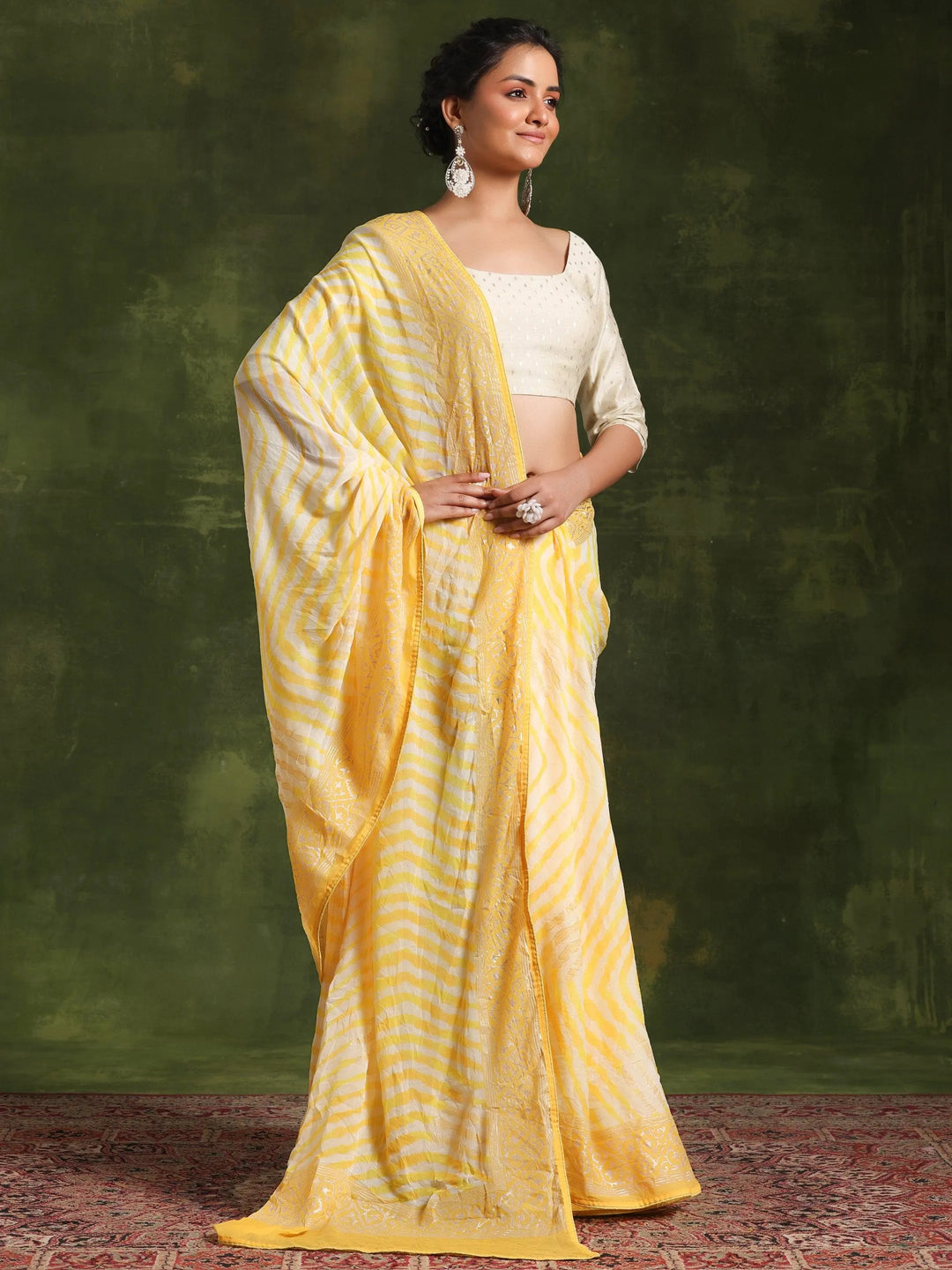 Yellow Printed Poly Georgette Saree With Unstitched Blouse Piece - Libas 
