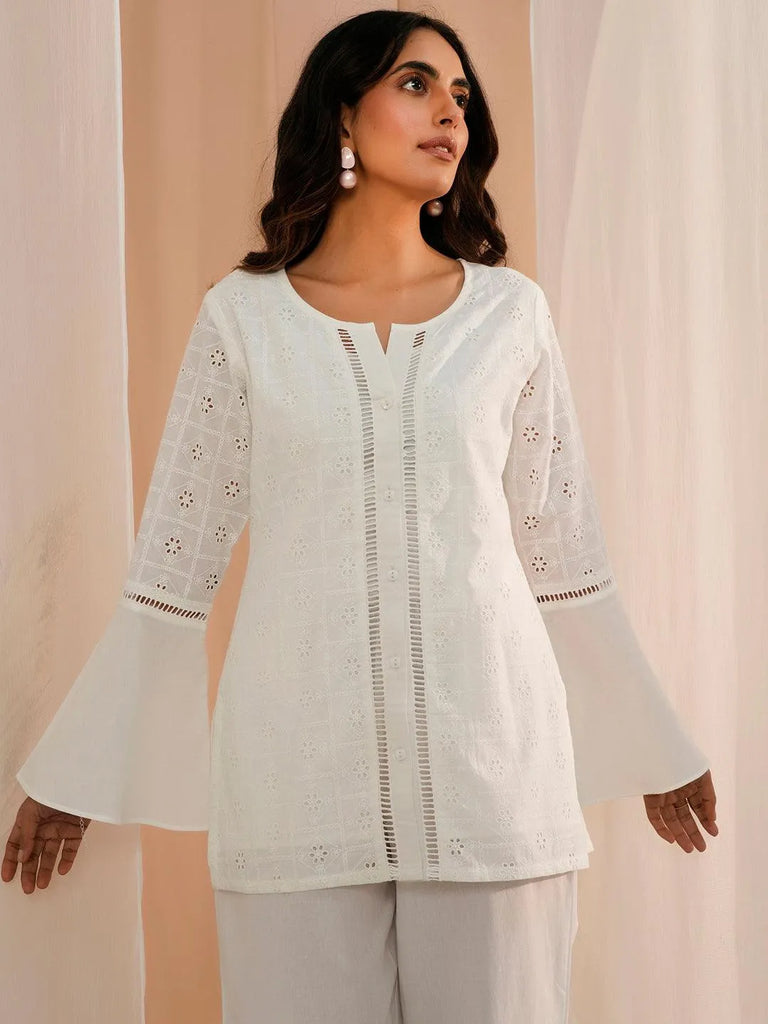 Libas White Embroidered Cotton Straight Kurti