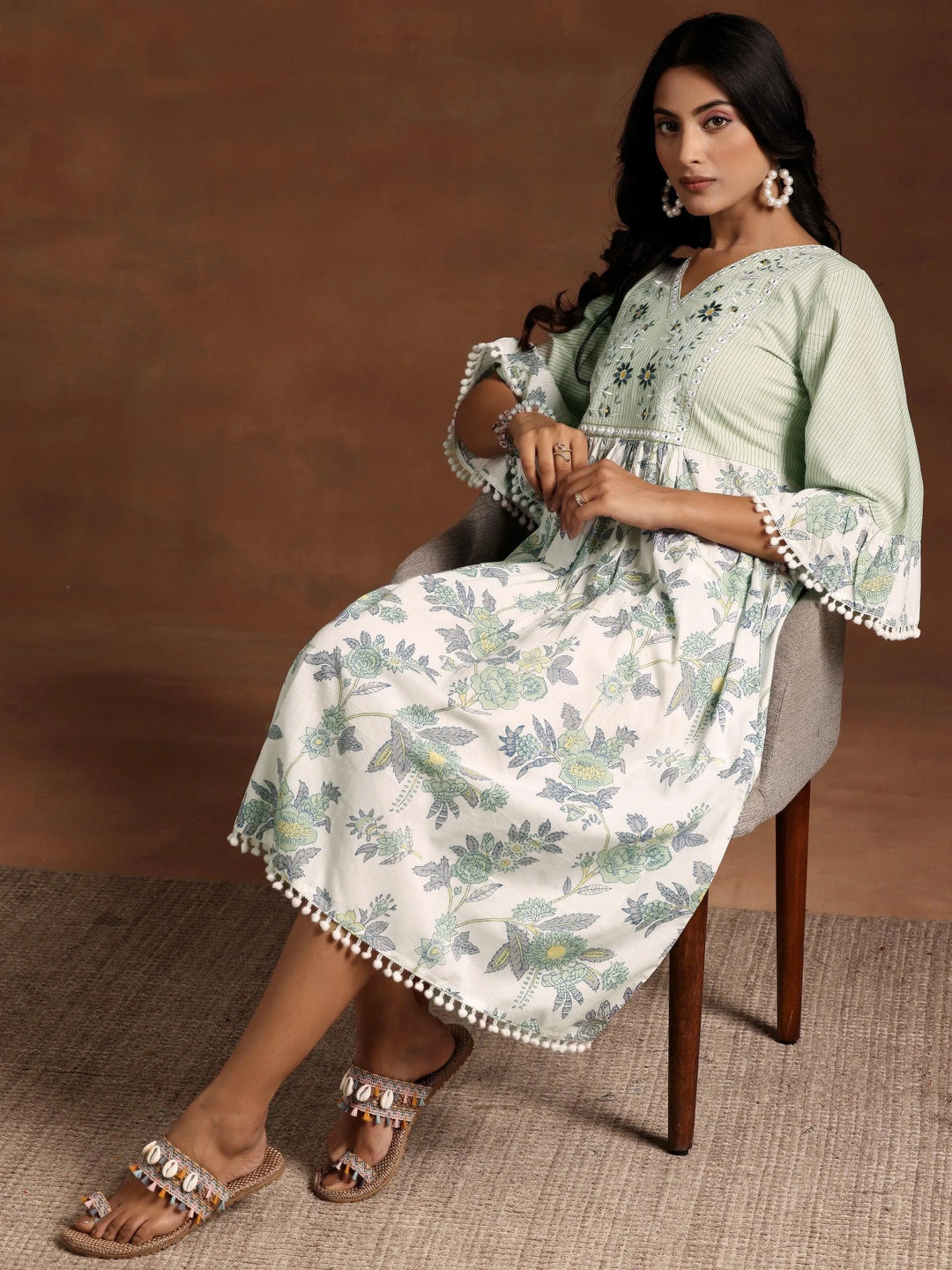 Green Printed Cotton A-Line Kurta - Libas