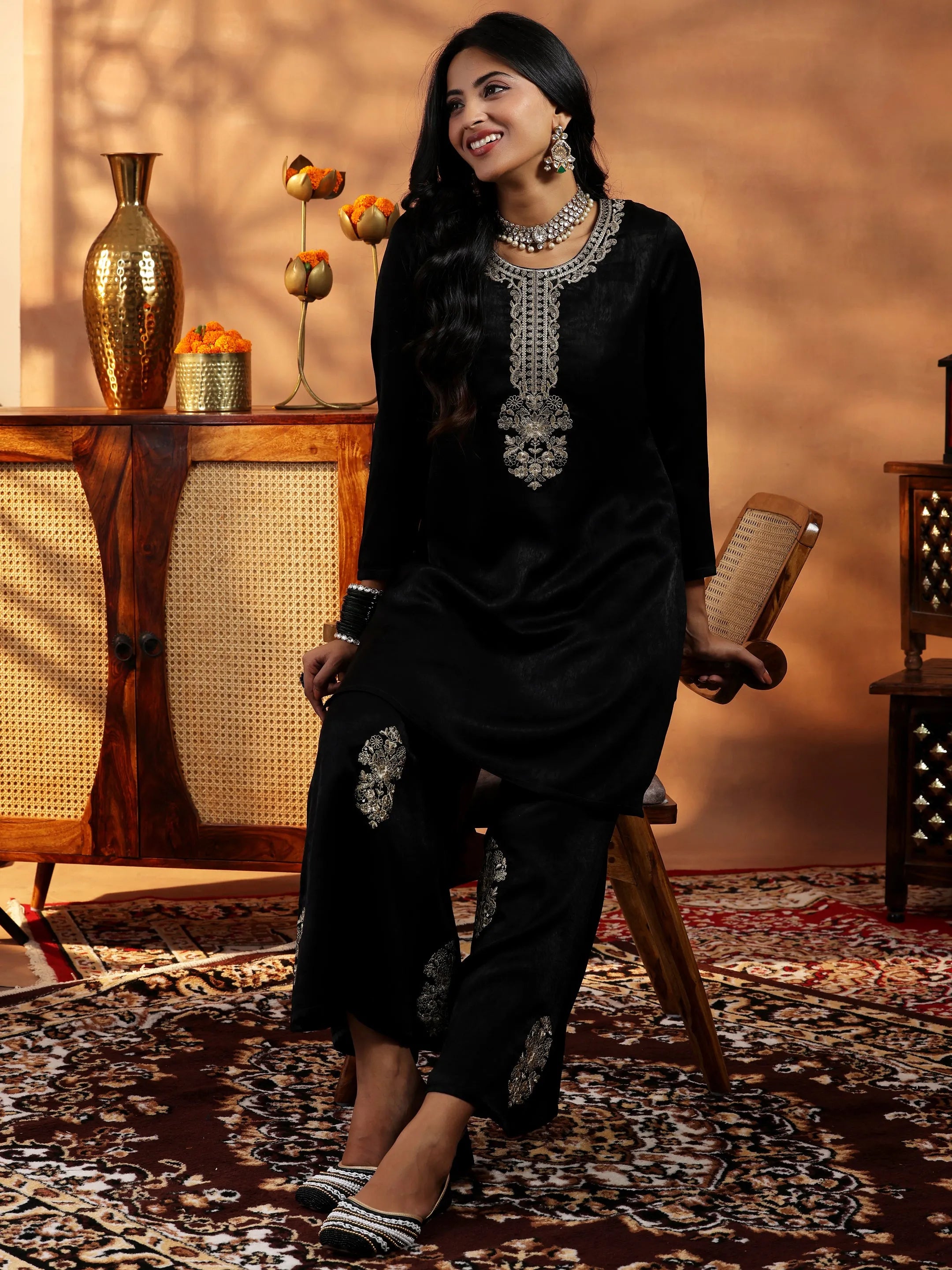 libas Black Embroidered Velvet Co-Ords-picture-60