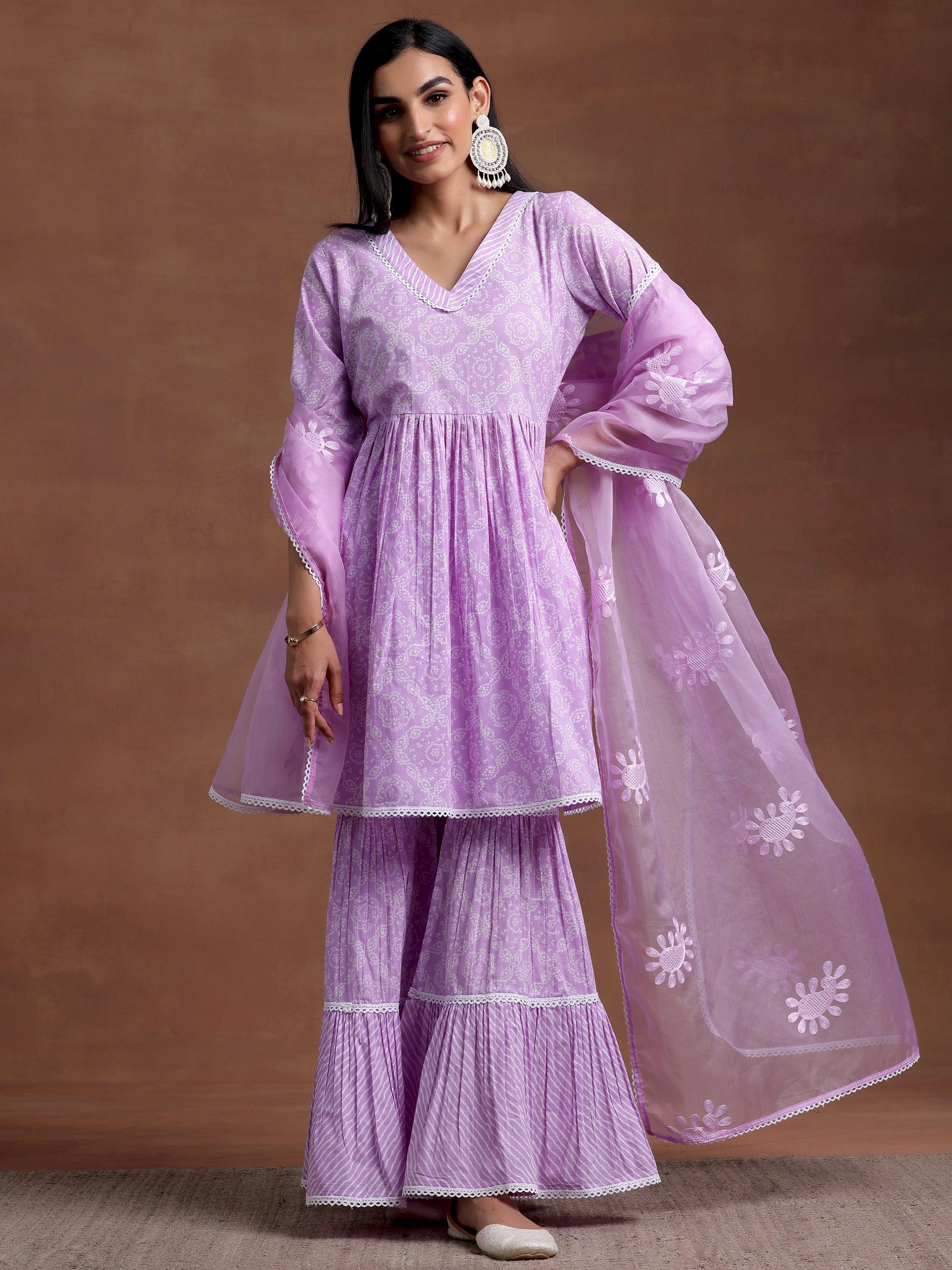 Purple Printed Cotton A-Line Kurta With Sharara & Dupatta