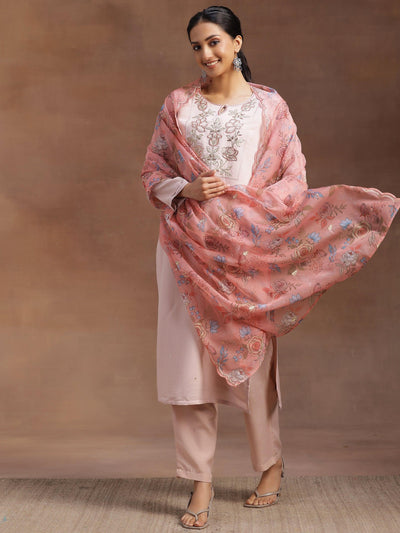 Peach Yoke Design Silk Blend Straight Suit With Dupatta - Libas