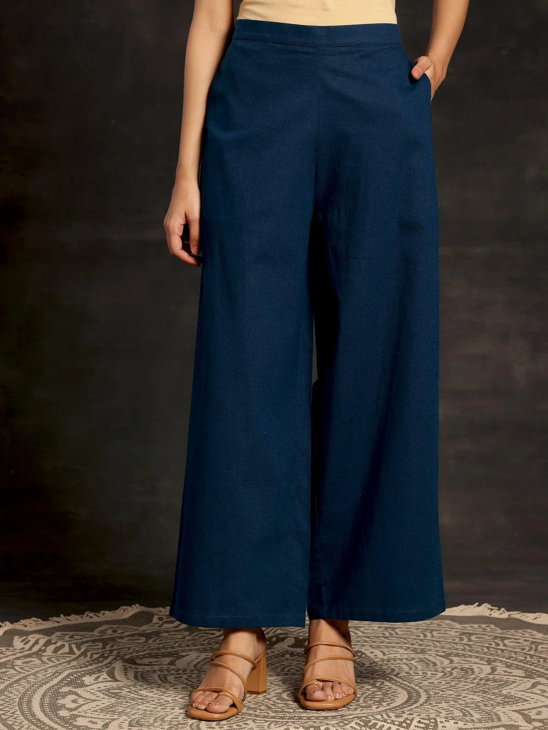 Teal Solid Cotton Palazzos - Libas 