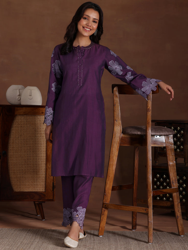 Libas Wine Embroidered Silk Blend Co-Ords