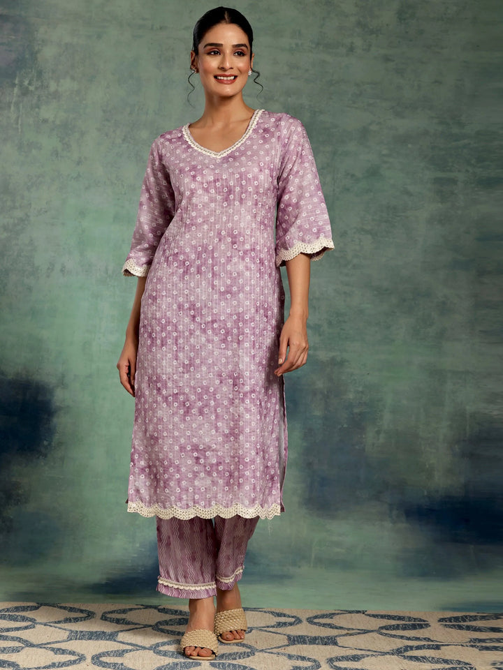 Purple Printed Cotton Straight Kurta Set - Libas