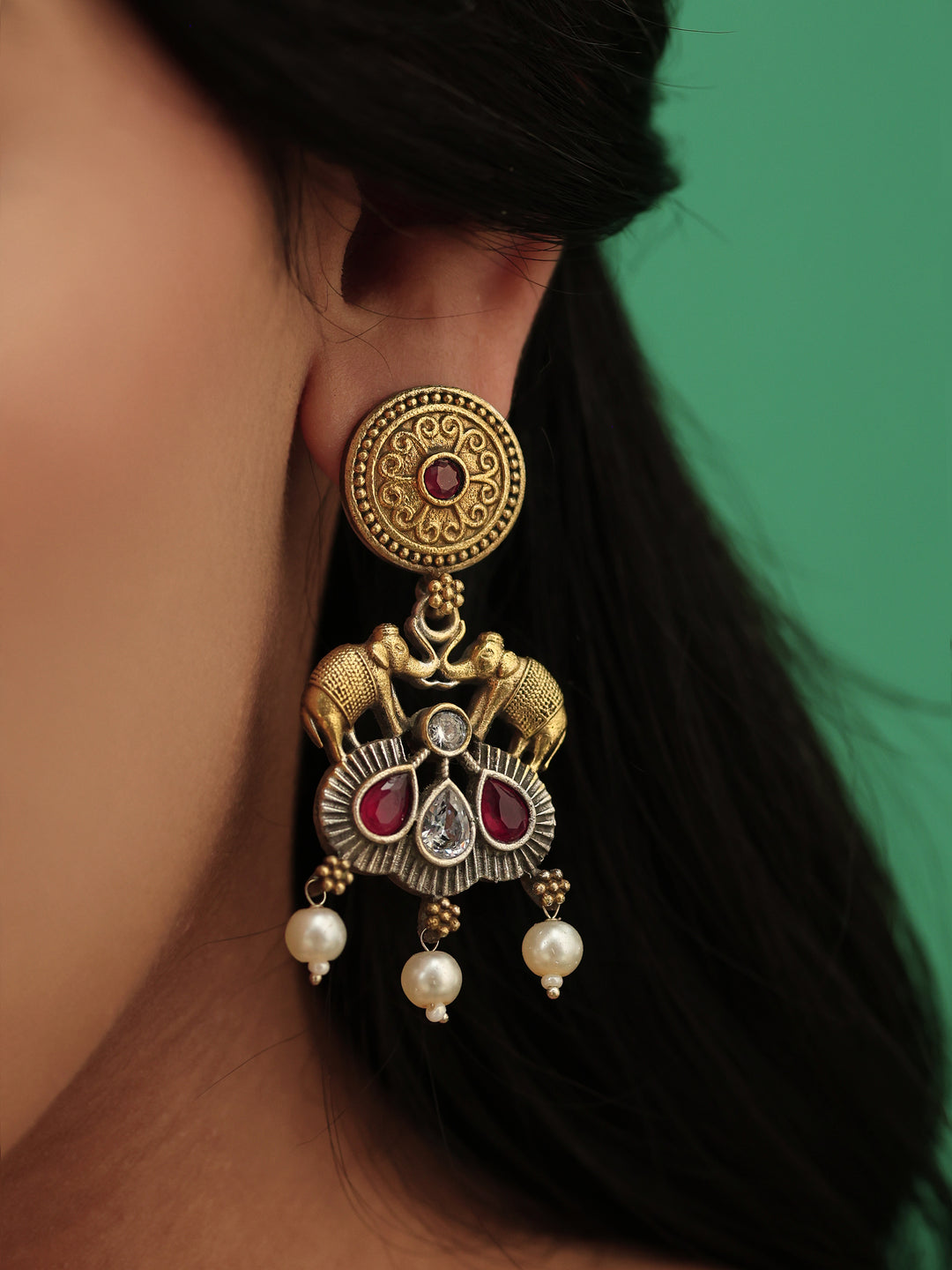  Libas Antique Gold Elephant Motif Earrings with Pearl Drop 