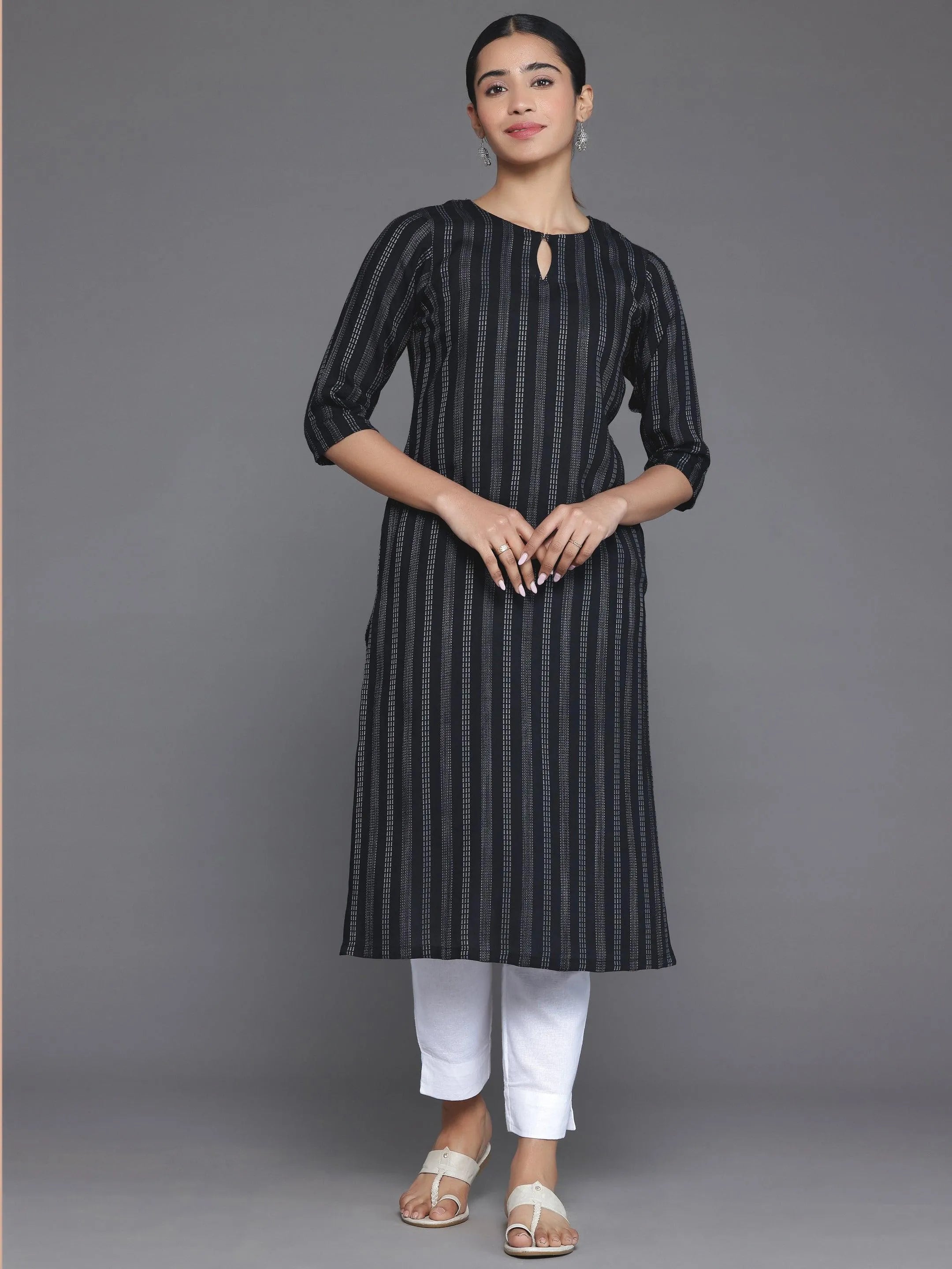 libas Black Striped Rayon Straight Kurta-picture-16