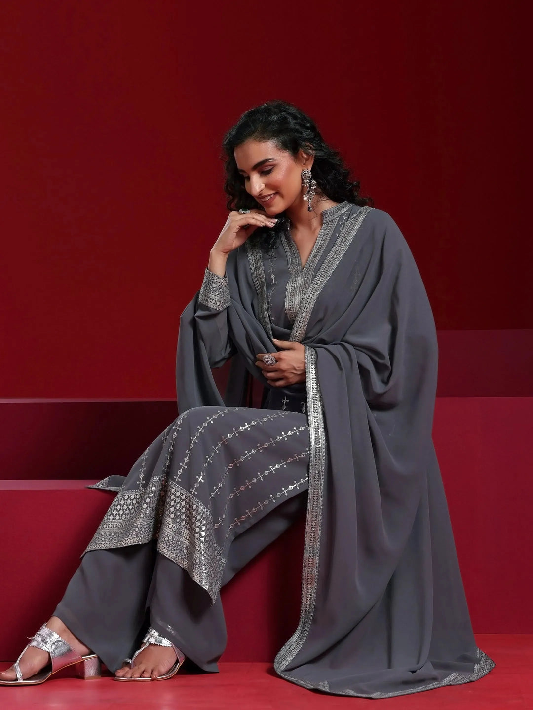  Grey Embroidered Georgette Straight Suit With Dupatta 