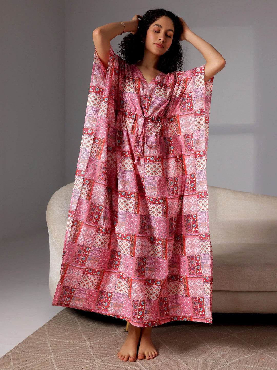 Pink Printed Cotton Kaftan Night Dress - Libas 