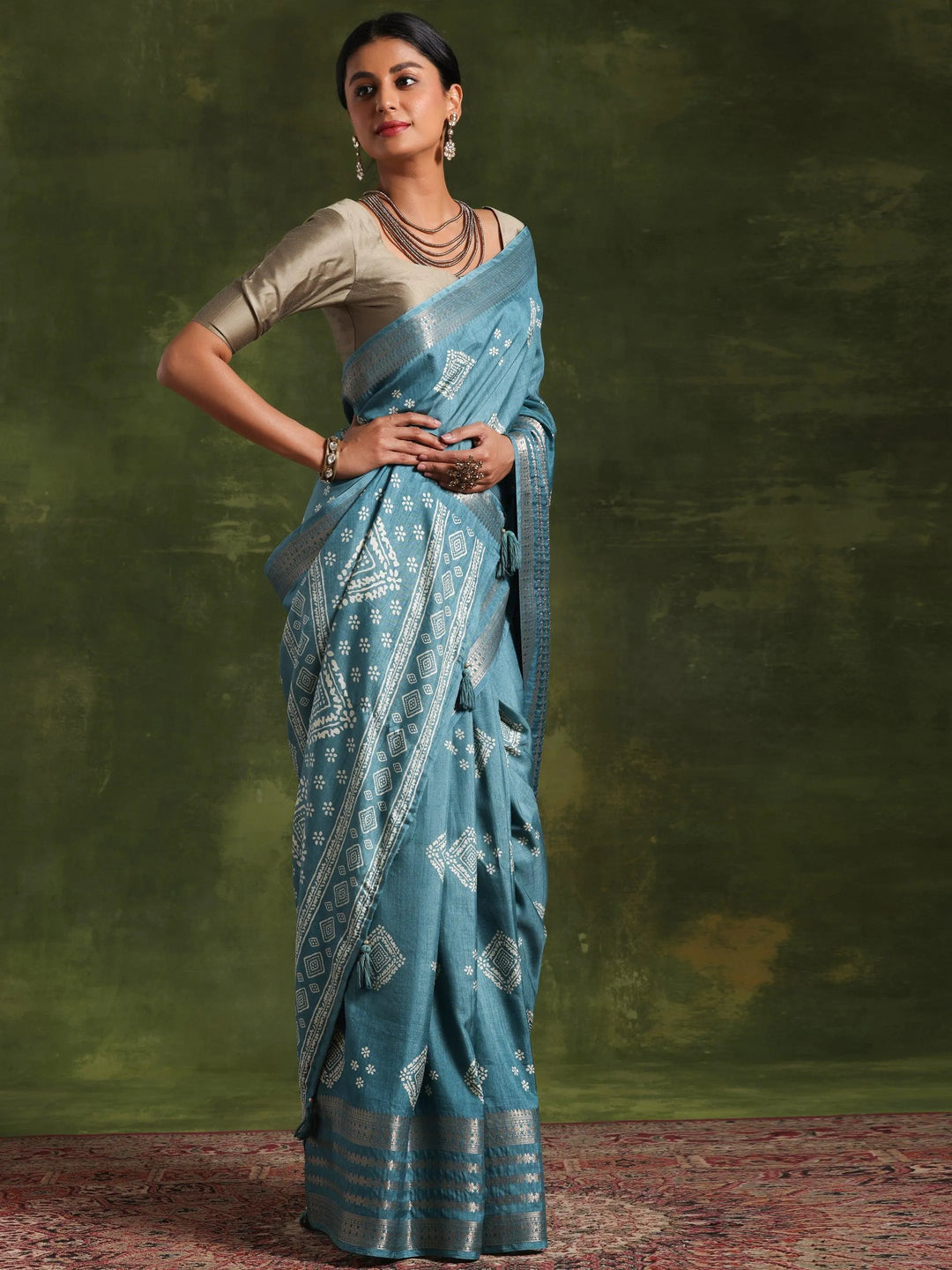 Blue Printed Silk Blend Saree With Unstitched Blouse Piece - Libas 