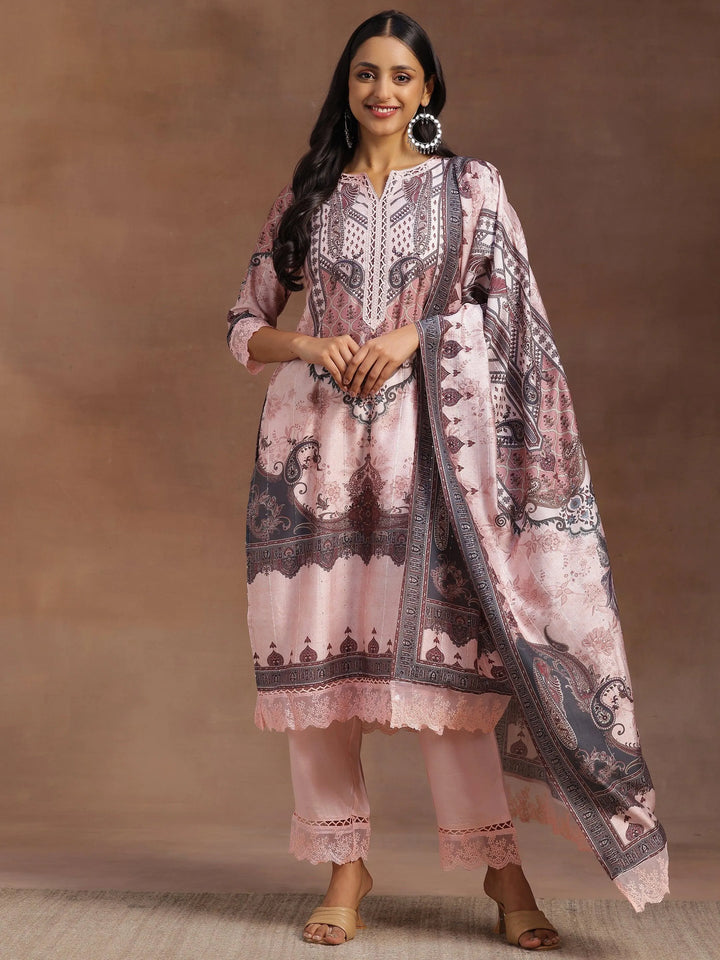 Pink Printed Silk Blend Straight Suit With Dupatta - Libas