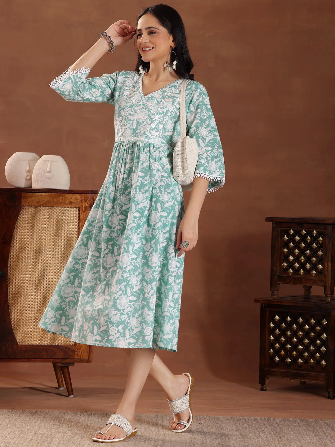 Green Printed Cotton A-Line Dress - Libas 