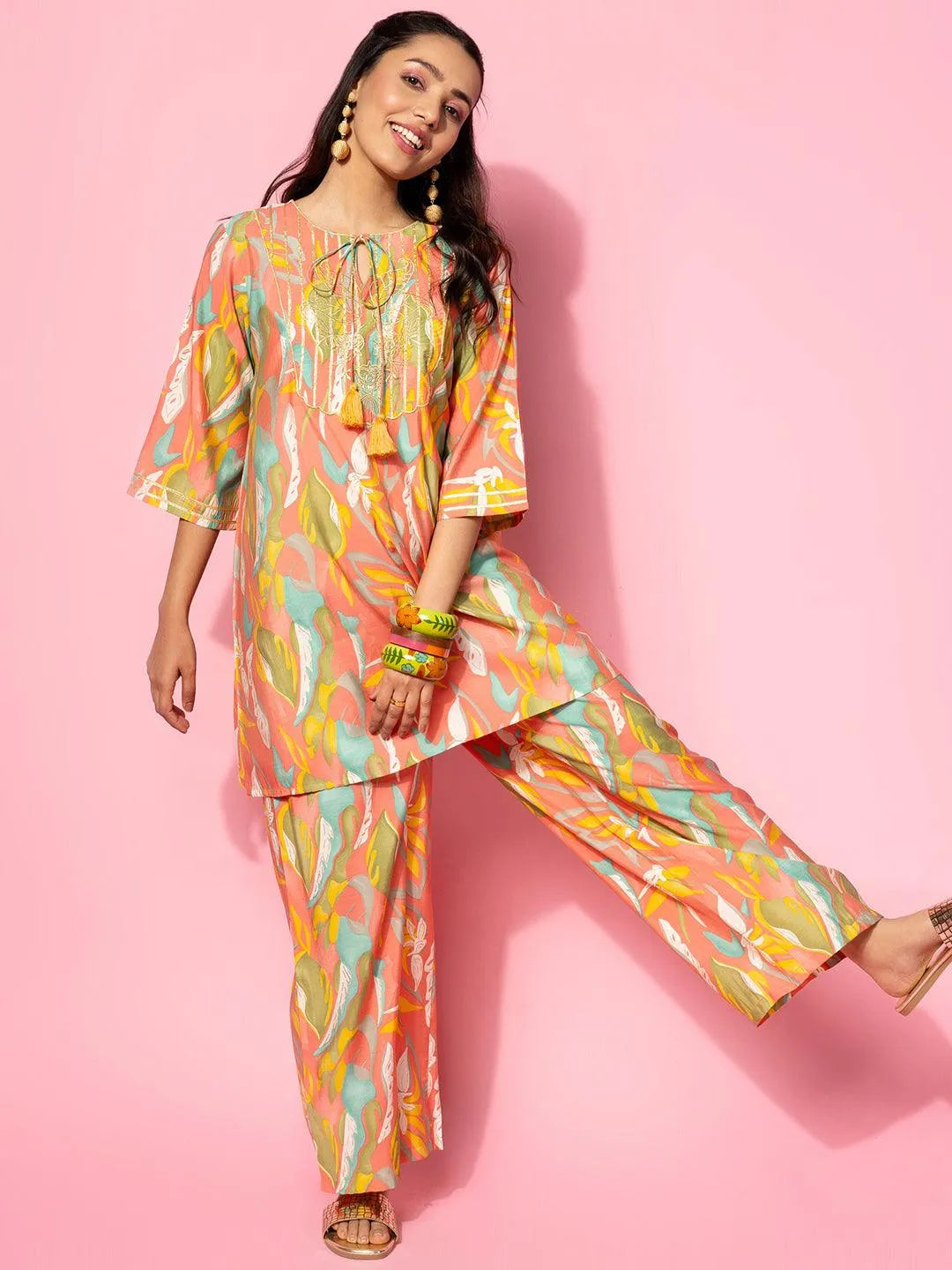 Coral Printed Silk Blend Co-Ords - Libas