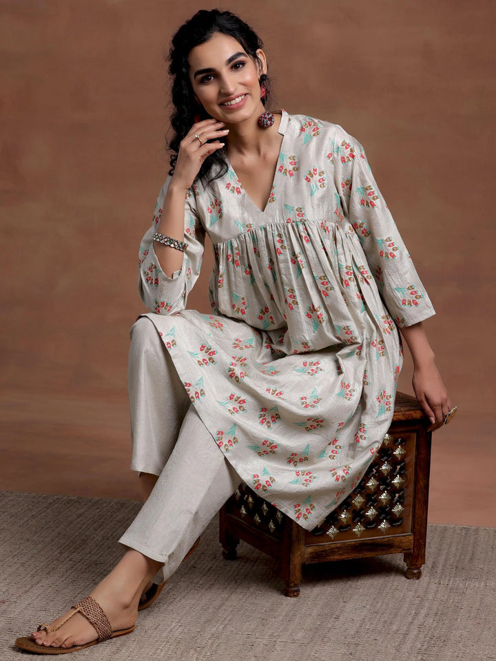 Grey Printed Silk Blend A-Line Kurta With Trousers - Libas