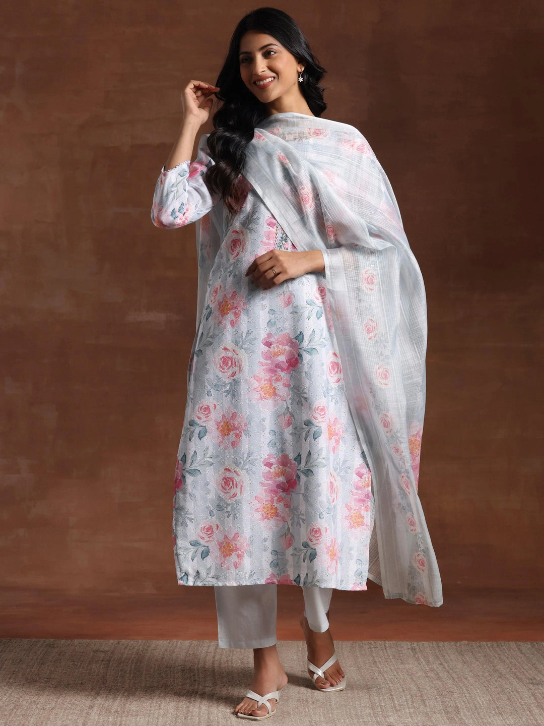 Grey Printed Cotton Blend Straight Suit With Dupatta - Libas 