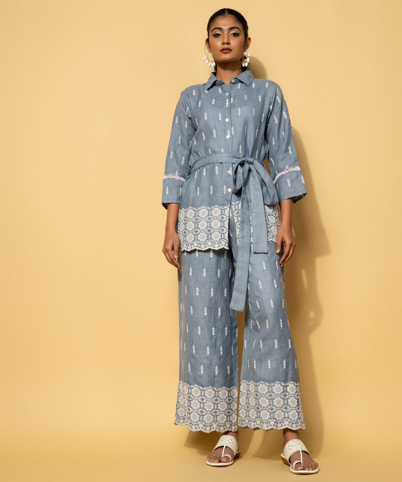 Blue Embroidered Linen Co-Ords - Libas
