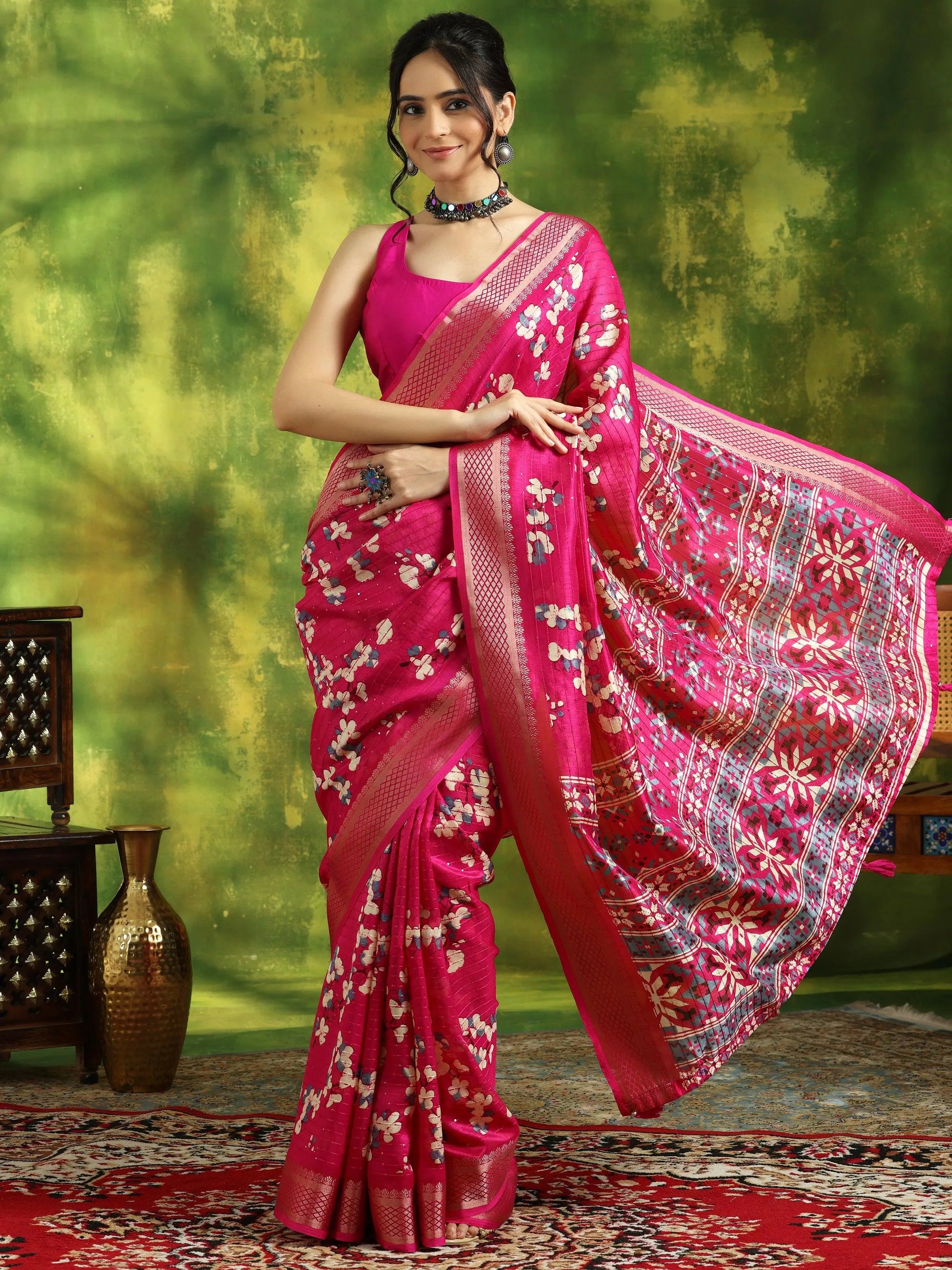 Libas Art Pink Embroidered Silk Blend Saree With Unstitched Blouse Piece