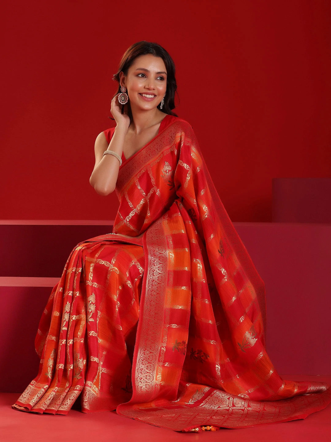 Libas Art Orange Woven Design Satin Saree With Unstitched Blouse Piece - Libas 
