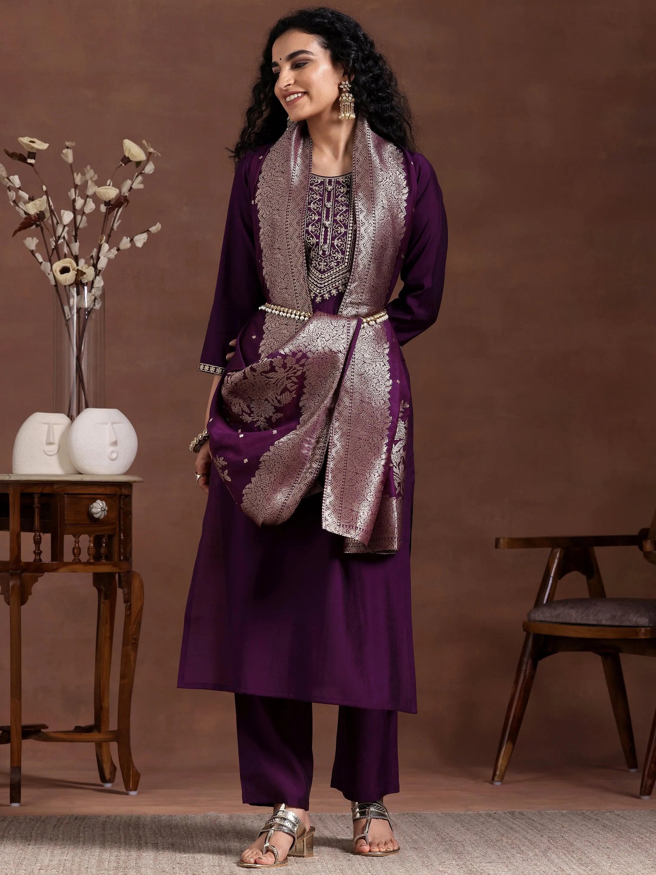 libas Wine Yoke Design Silk Blend Straight Suit With Dupatta-picture-56