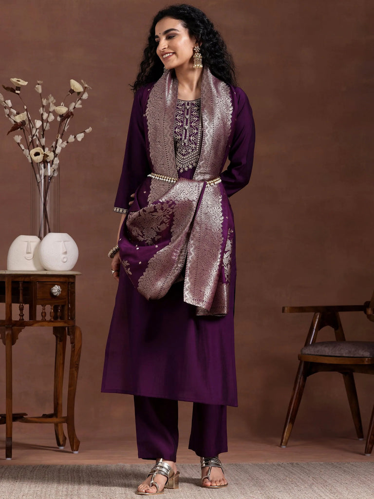 Libas Wine Yoke Design Silk Blend Straight Suit With Dupatta