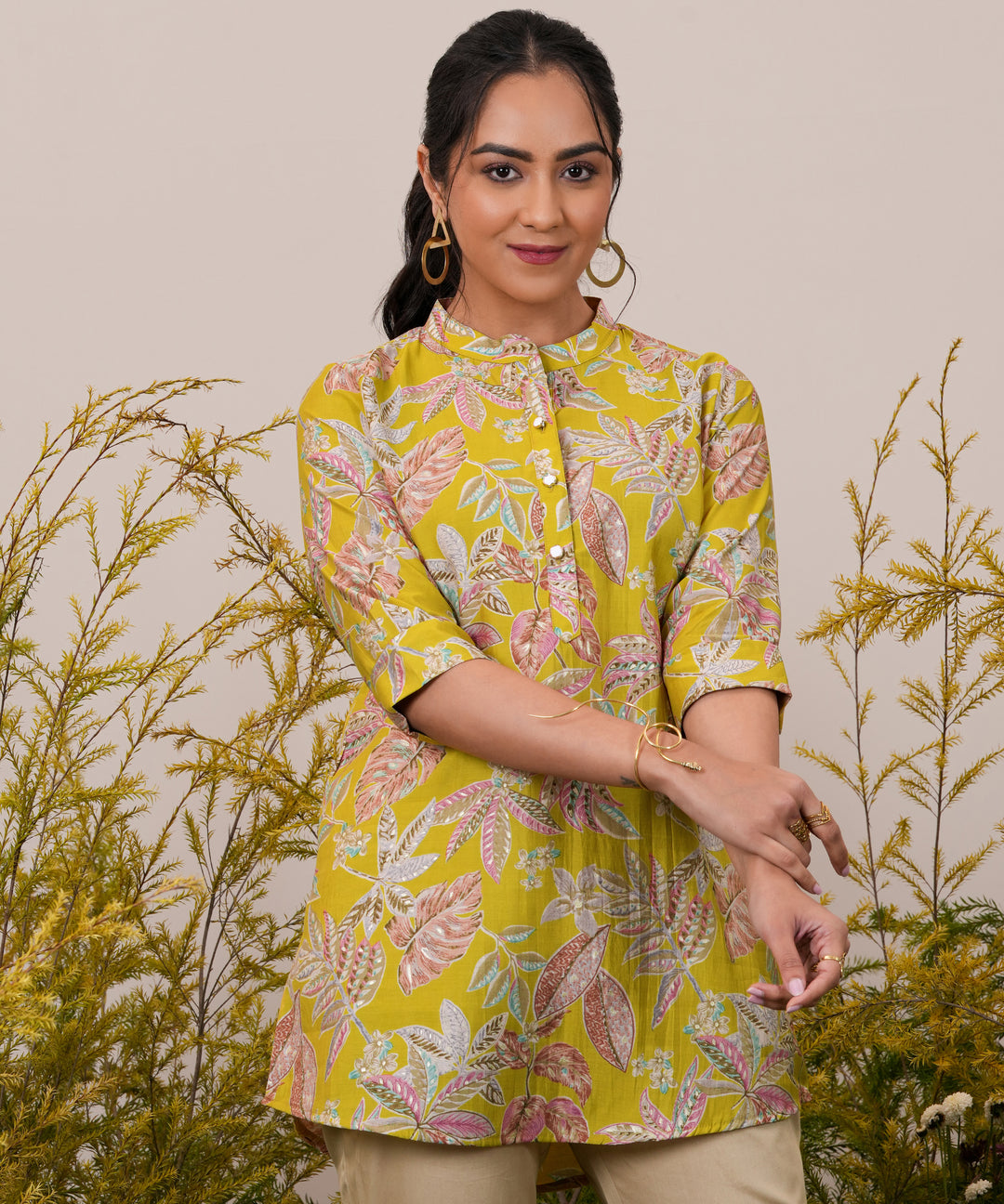  Yellow Printed Silk Blend A-Line Kurti 