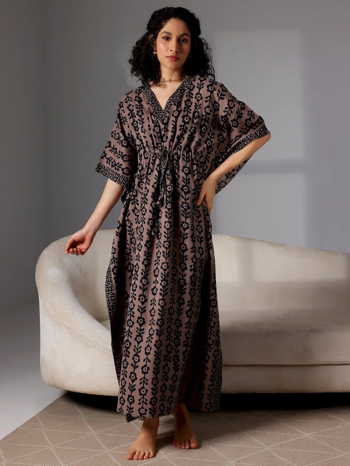 Black Printed Cotton Kaftan Night Dress - Libas