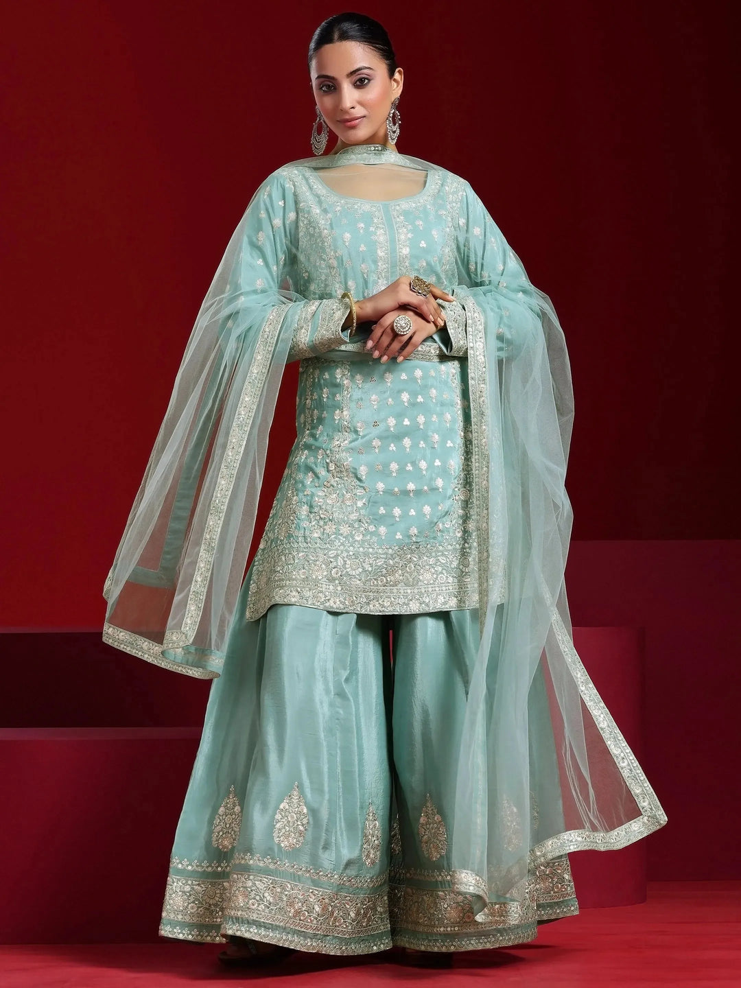  Libas Art Green Embroidered Silk Blend A-Line Kurta With Sharara & Dupatta 