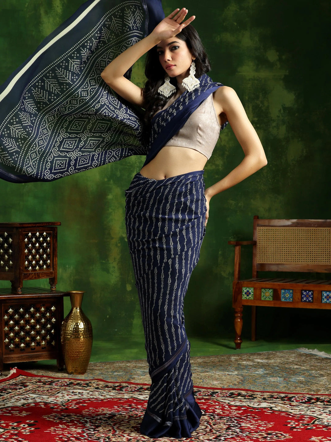 Blue Printed Satin Saree With Unstitched Blouse Piece - Libas 
