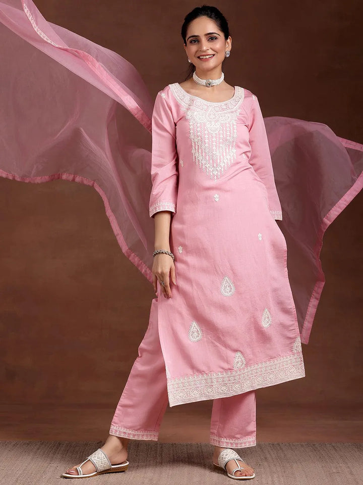 Pink Embroidered Silk Blend Straight Suit With Dupatta - Libas