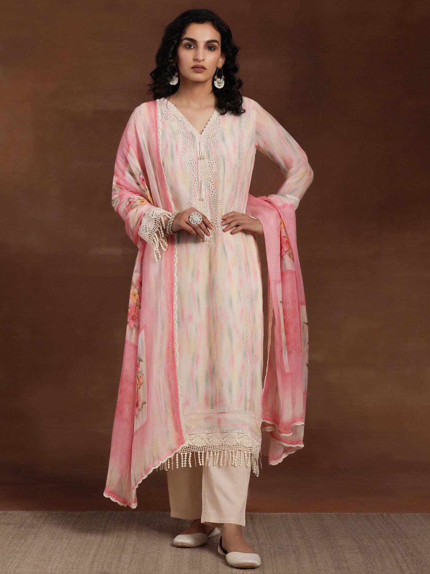 Beige Embroidered Organza Straight Suit With Dupatta - Libas