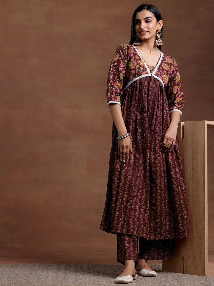 Rust Printed Cotton A-Line Kurta With Palazzos - Libas