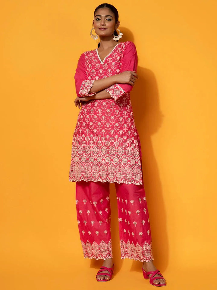 Pink Embroidered Cotton Co-Ords - Libas