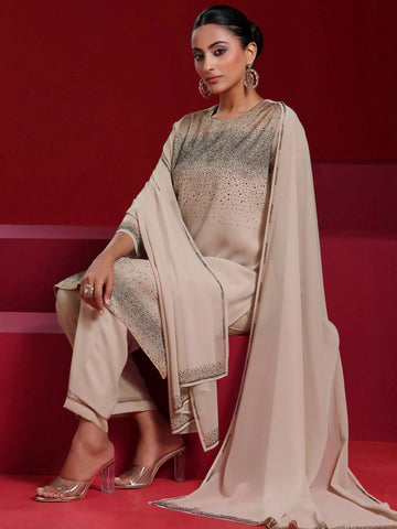 Libas Art Taupe Solid Georgette Straight Suit With Dupatta