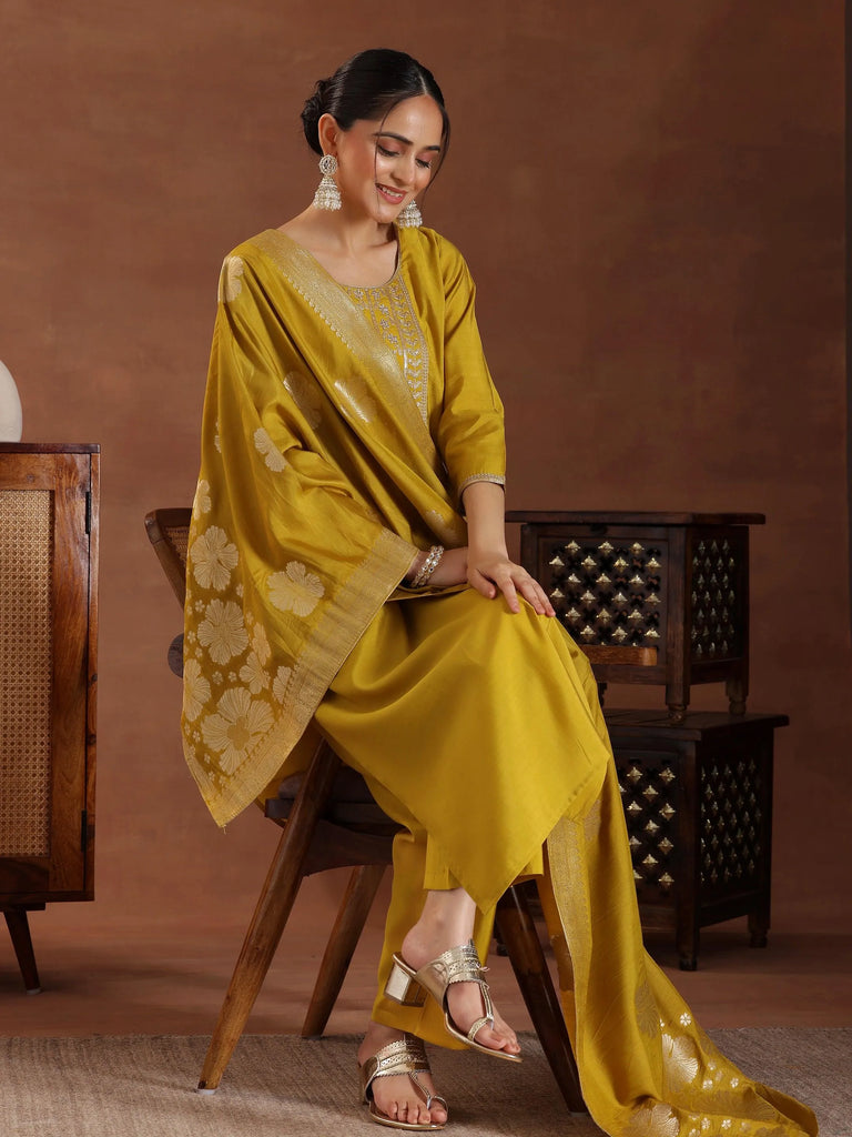 Libas Mustard Yoke Design Silk Blend Straight Suit With Dupatta