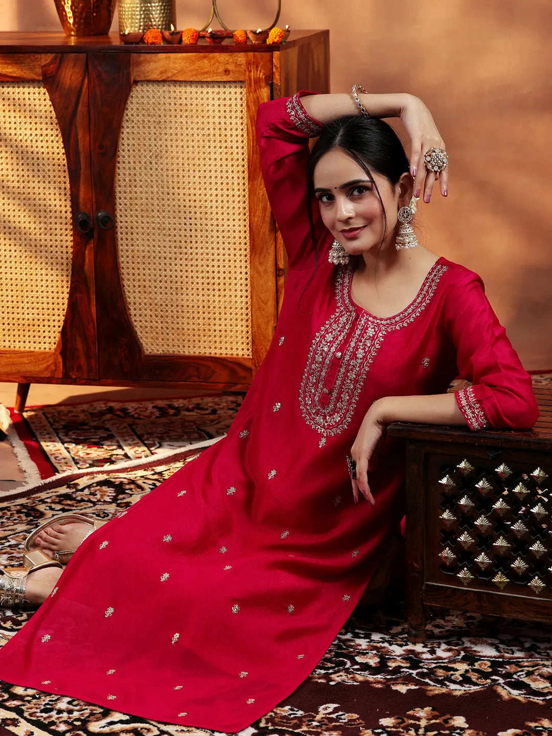 libas Red Embroidered Silk Straight Kurta-picture-60