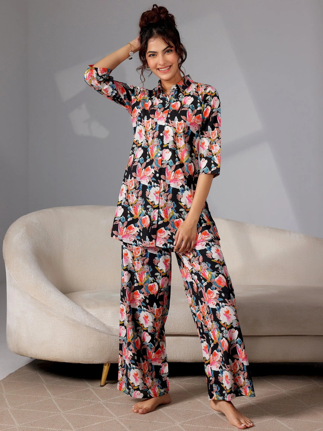 Black Printed Cotton Night Suits - Libas 
