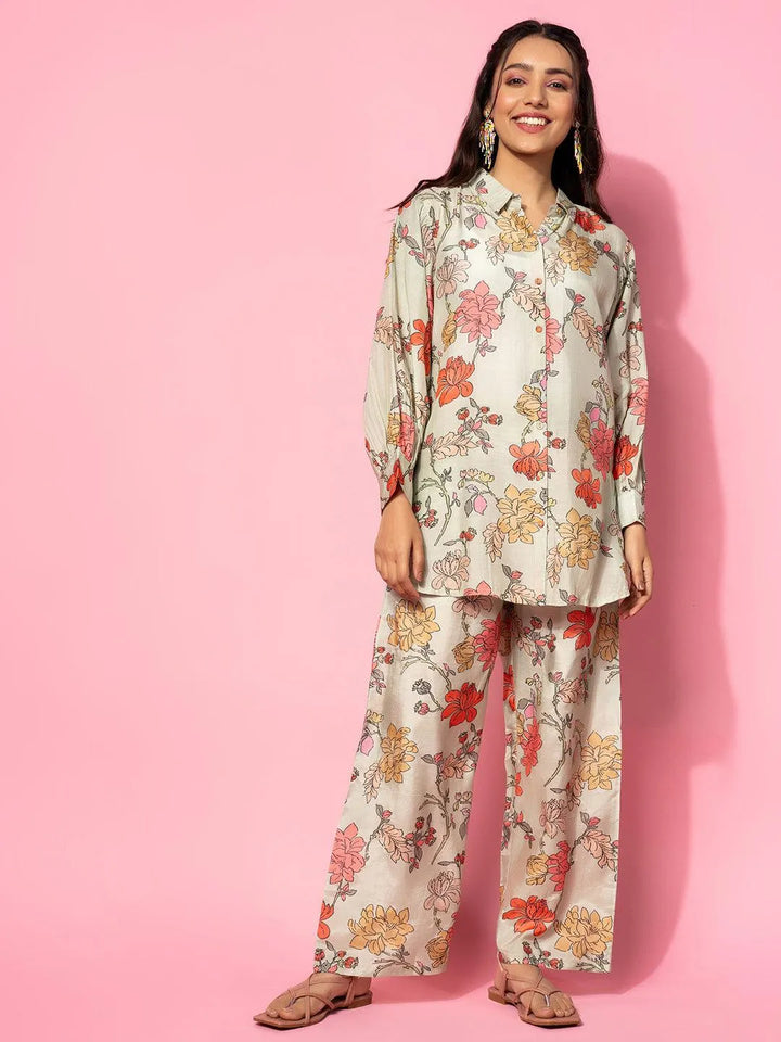 Green Printed Silk Blend Co-Ords - Libas
