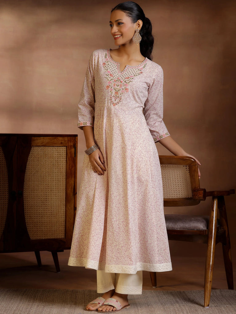 Libas Mauve Printed Cotton Anarkali Kurta With Trousers