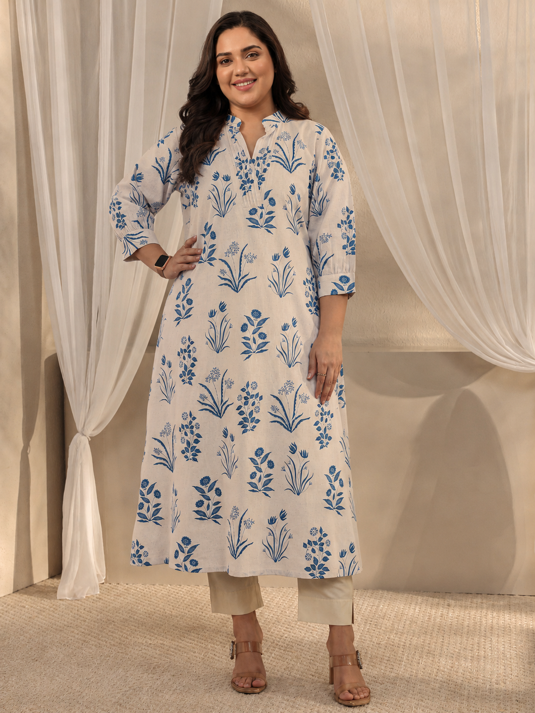  Plus Size Off White Floral Printed Cotton A-Line Kurta 