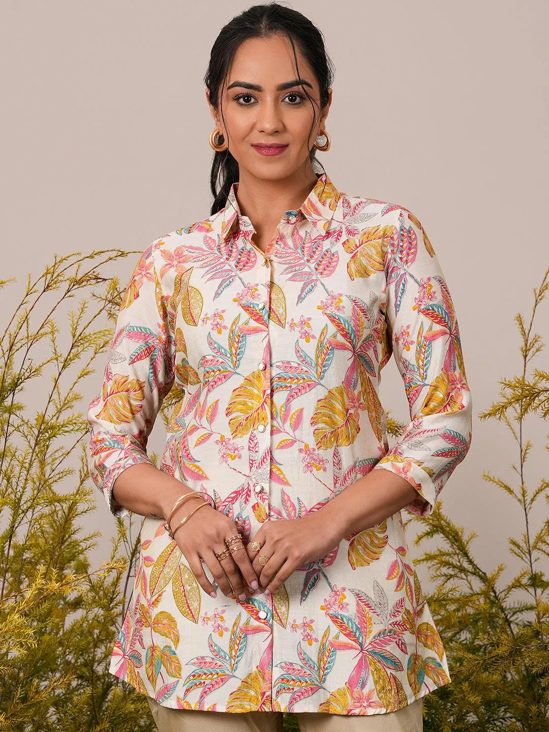 libas Cream Printed Silk Blend A-Line Kurti-picture-66