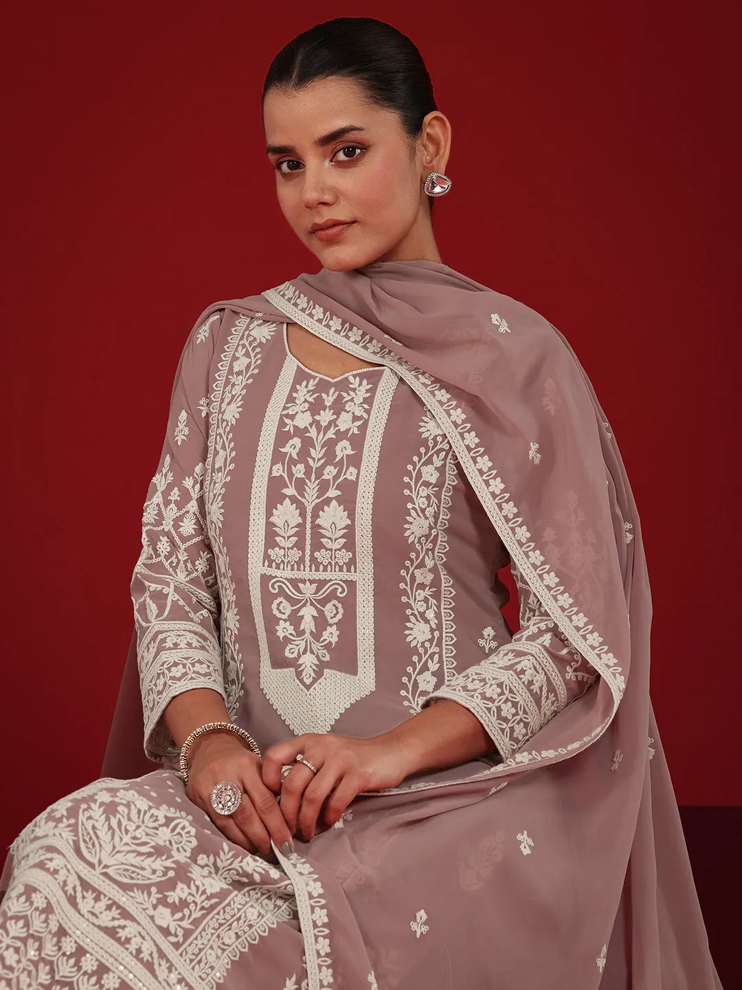  Libas Art Pink Embroidered Georgette Straight Suit Set With Dupatta 