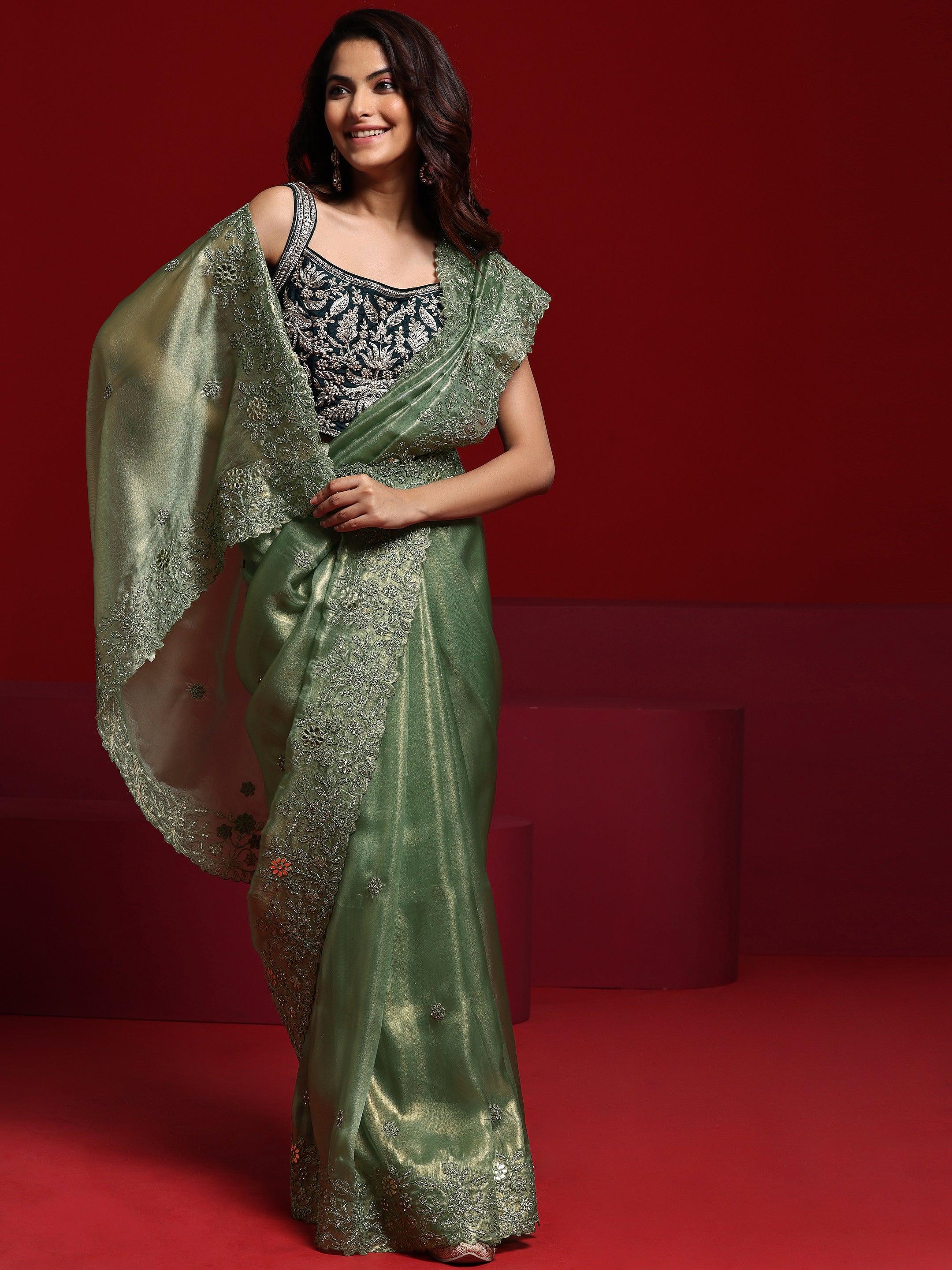 Libas Art Green Embroidered Silk Blend Saree With Unstitched Blouse Piece