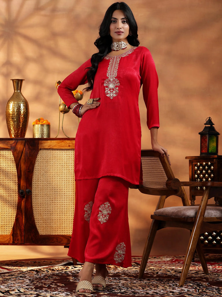 Libas Red Embroidered Velvet Co-Ords