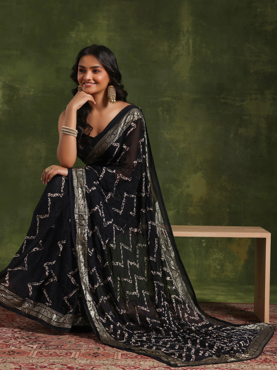 Black Printed Poly Georgette Saree With Unstitched Blouse Piece - Libas 