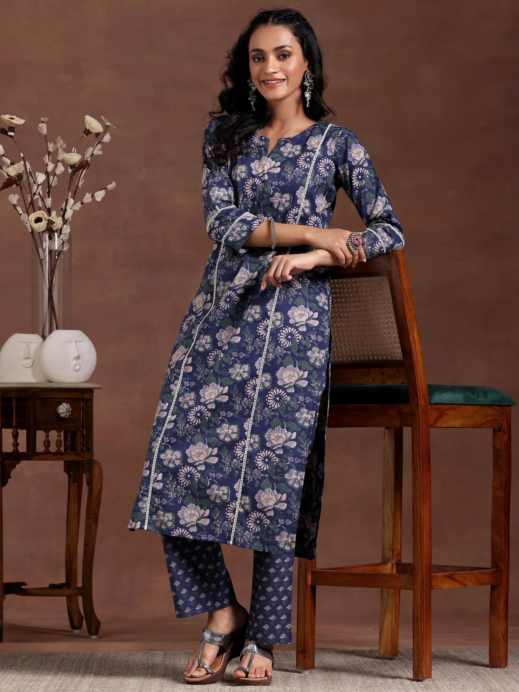Blue Printed Cotton Straight Kurta Set-image-17