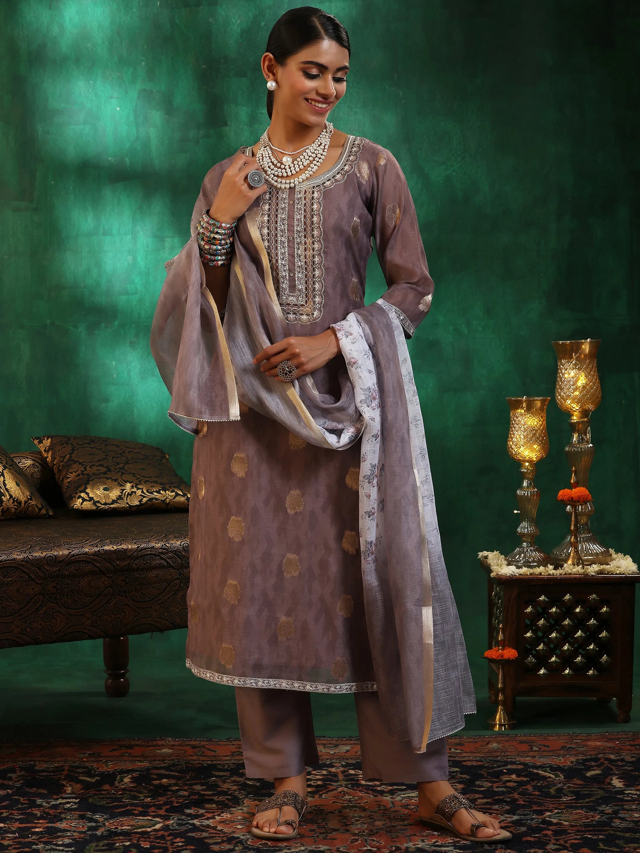 Brown Printed Silk Blend Straight Suit With Dupatta-image-39