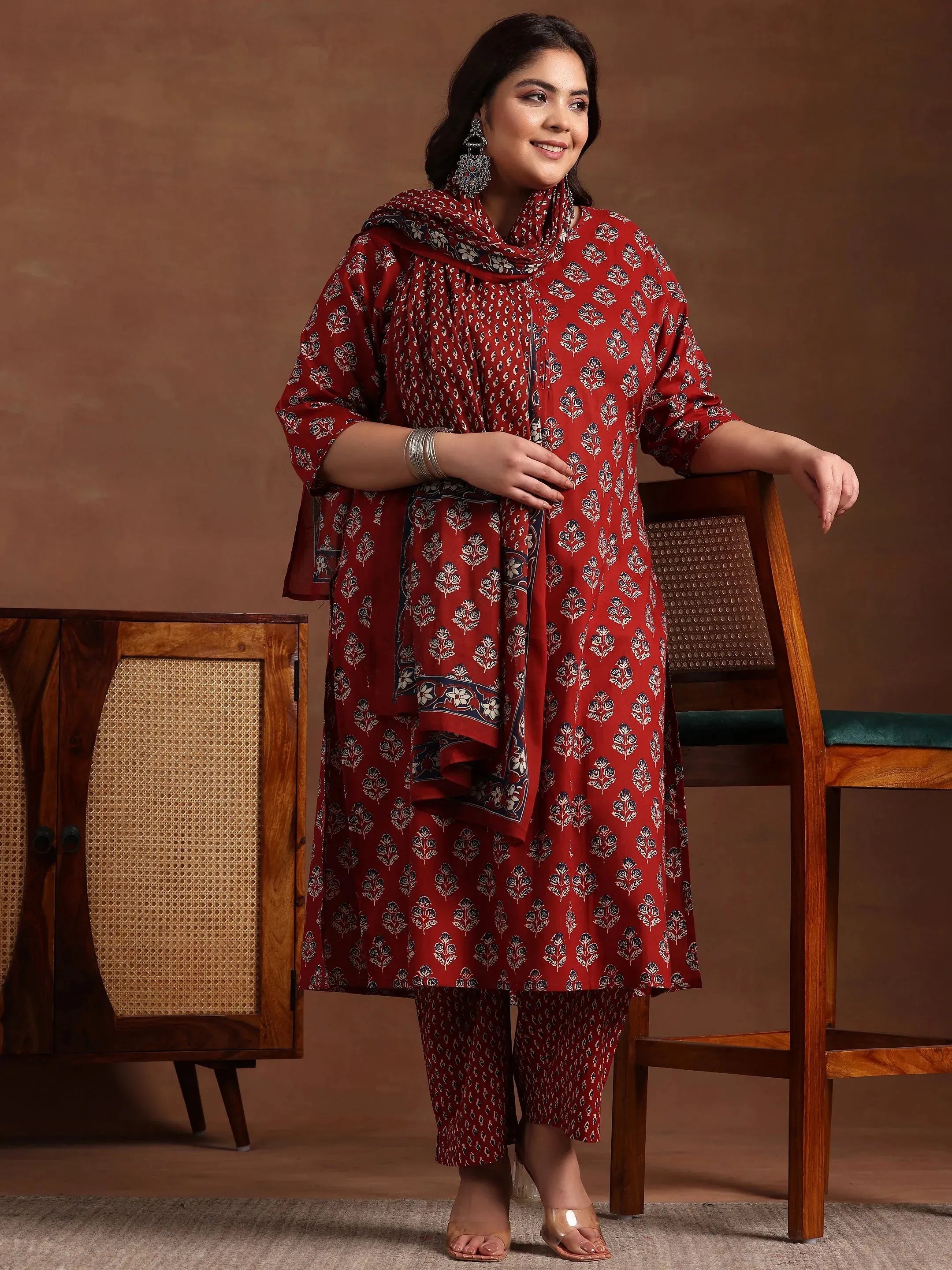 libas Plus Size Rust Printed Cotton Straight Suit With Dupatta-picture-29