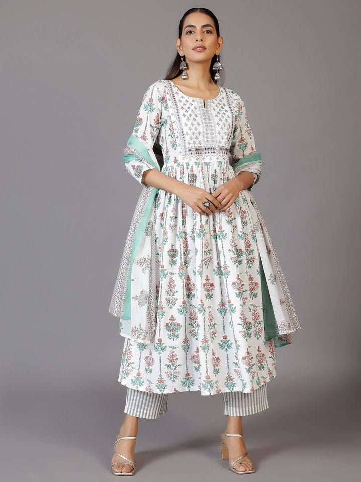 Off White Printed Cotton Anarkali Suit With Dupatta - Libas